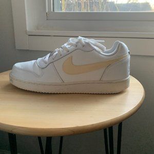 White Nike Shoes like Air Force 1s with painted Yellow Swoosh- Size 8.5
